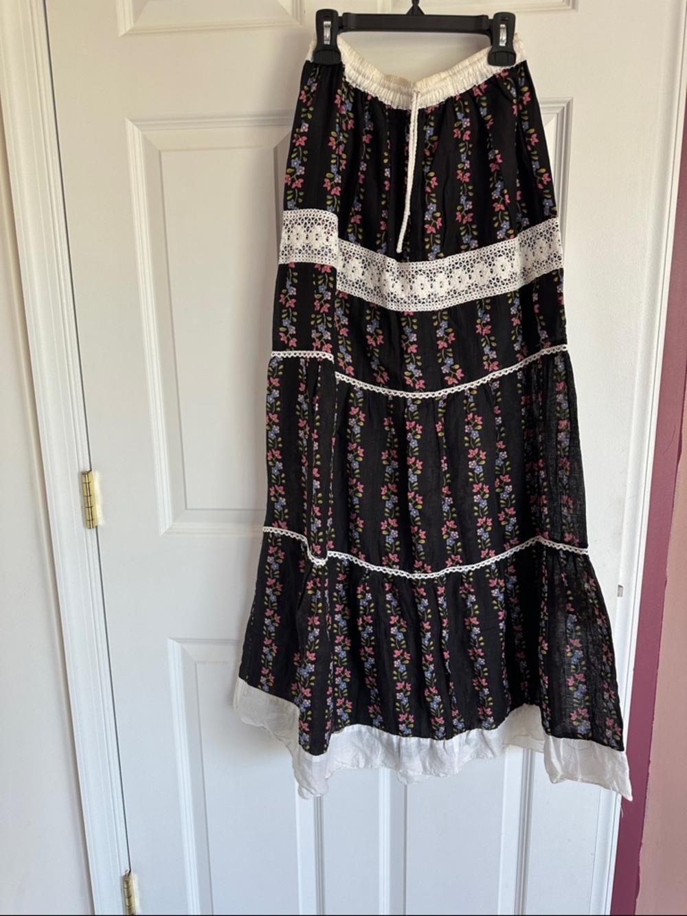 Black Floral Tiered Maxi Skirt with Lace Trim